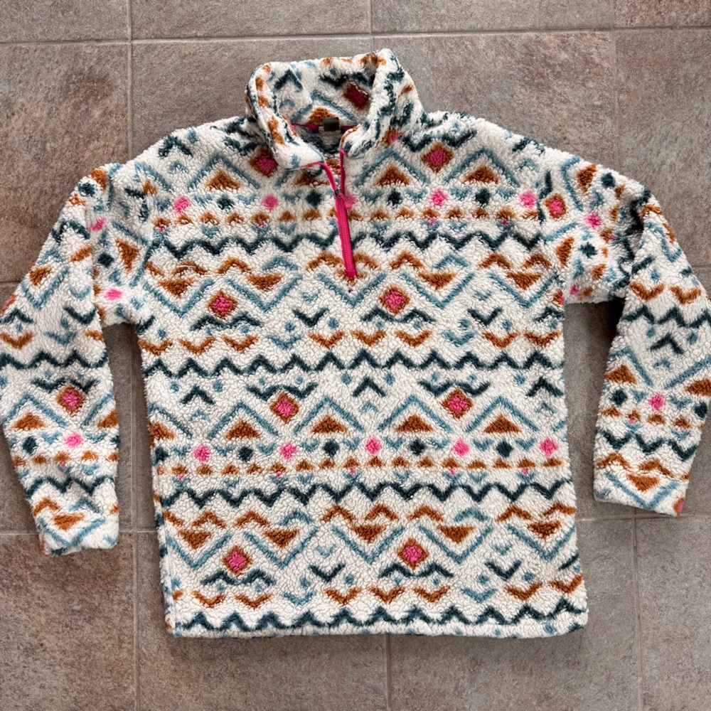 Eddie Bauer Cream Sherpa Pullover with Teal, Rust & Pink Accents Size Medium